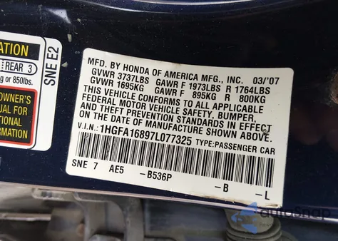 2007 Honda Civic Ex from USA, damaged, VIN 1HGFA16897L077325